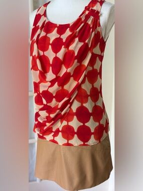 Maeve Anthropologie Silk Draped Blouse Red Cream Print Sleeveless Size 0